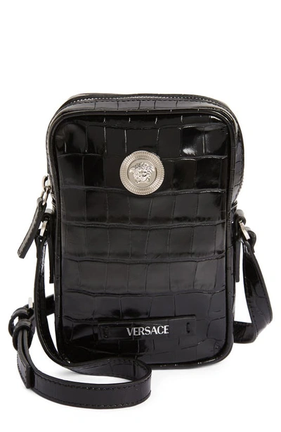 Versace Biggie Medusa Croc Embossed Phone Crossbody Bag In Black