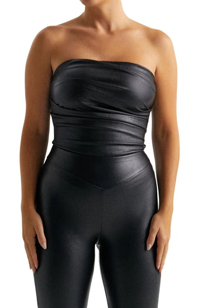 Naked Wardrobe Pleated Strapless Faux Leather Bodysuit In Black