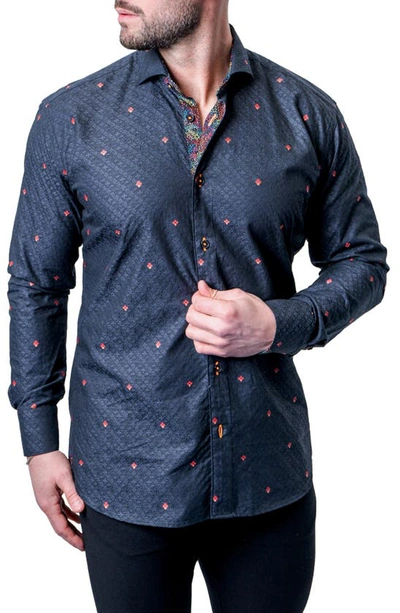 Maceoo Fibonacci Micro Paisley Black Contemporary Fit Button-up Shirt In Navy Blue