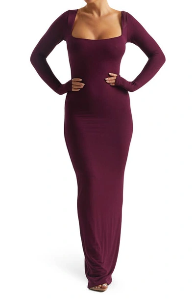 Naked Wardrobe Long Sleeve Square Neck Dress In Dark Plum