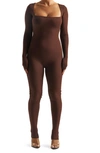 Naked Wardrobe Square Neck Long Sleeve Jumpsuit In Chocolate