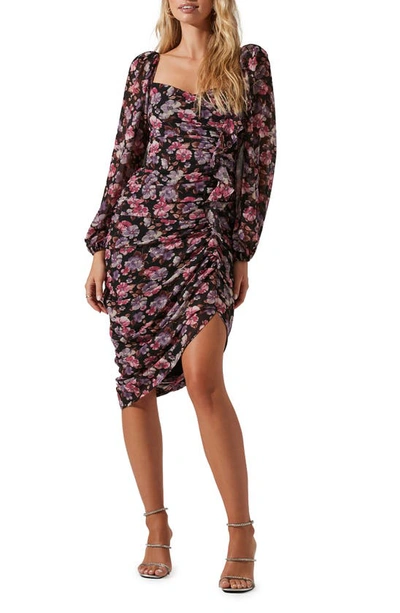 Astr Athens Ruched Long Sleeve Dress In Black Pink Purple