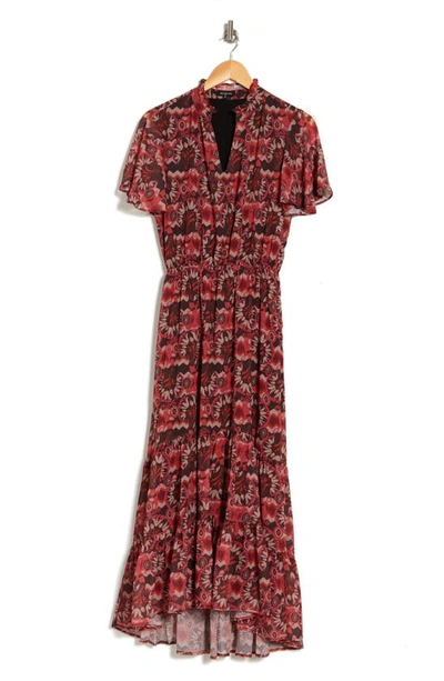 Area Stars Floral Flutter Sleeve Tiered Maxi Dress In Red Multi