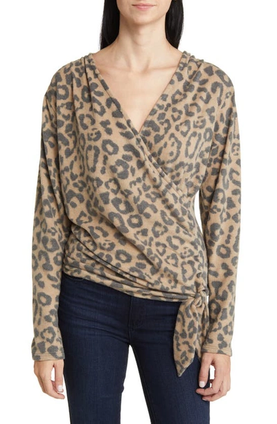 Loveappella Faux Tie Wrap Top In Camel/ Charcoal