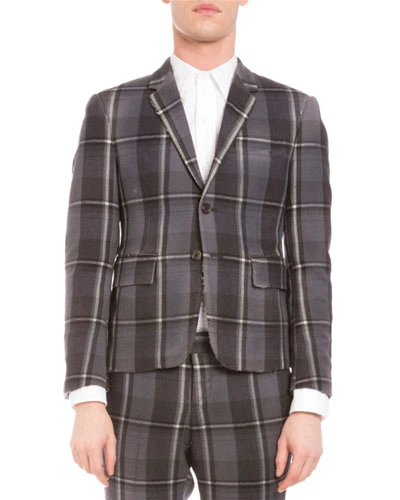 Thom Browne Distressed Plaid Two-button Wool Jacket, Medium Gray In Med Gray