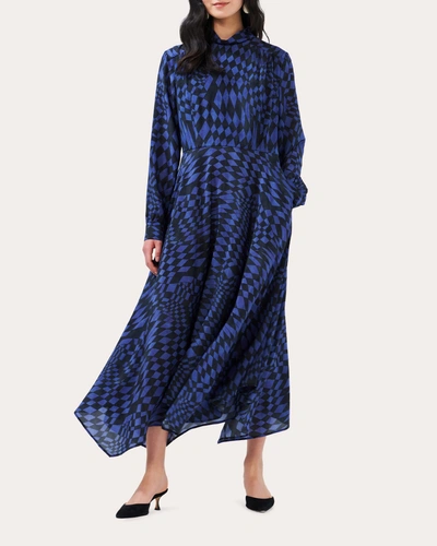 Hayley Menzies Silk Abstract Check Midi Dress In Abstract Check Navy/black