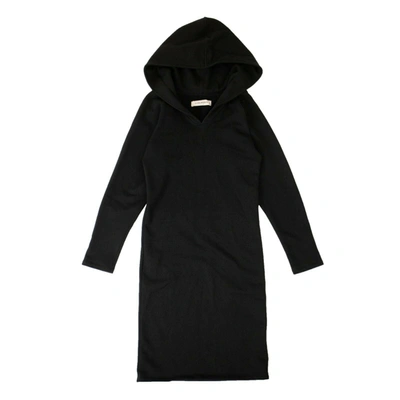 A Women's Blck Cotton Long Sleeve Hooded Midi Dress