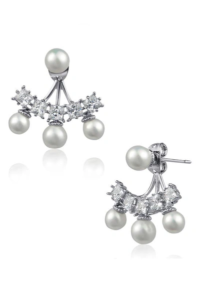 Cz By Kenneth Jay Lane Imitation Pearl & Square Cz Front & Back Stud Earrings In Metallic