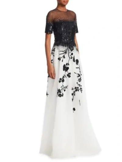 Ahluwalia Floral Embroidered A-line Gown In Jet-ivory