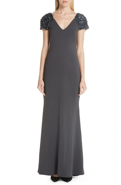 Badgley Mischka V-neck Gown W/ Beaded Sleeves In Charcoal