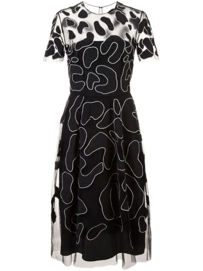 Carolina Herrera Jewel-neck Short-sleeve Leopard-embroidered Cocktail Dress In Black