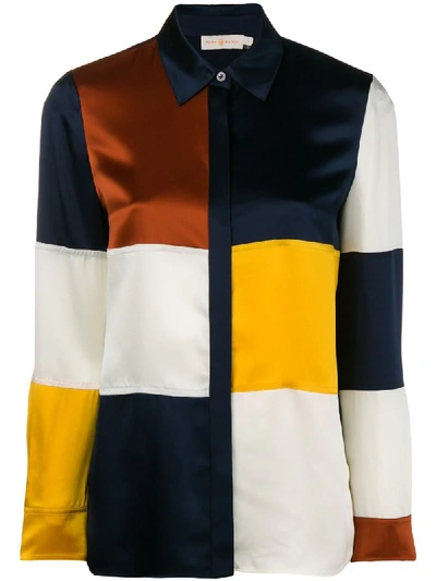 Tory Burch Reese Color-block Silk-satin Shirt In Tory Navy