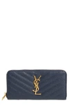 Saint Laurent Monogram Matelassé Leather Zip-around Wallet In Navy