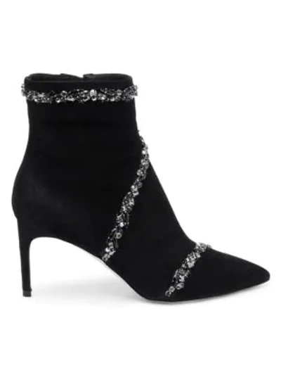René Caovilla Embellished Point Toe Ankle Boots In Black