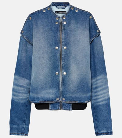 Y/project Blue Snap Off Denim Bomber Jacket In Whiskers Mid Blue