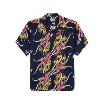 Sun Surf Coral Hibiscus Printed Rayon Shirt In Navy