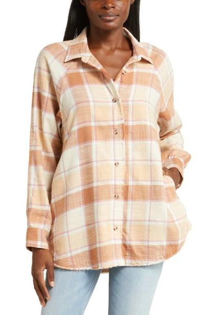 Lucky Brand Distressed Oversize Plaid Cotton Flannel Button-up Shirt In Cafe Au Lait Plaid