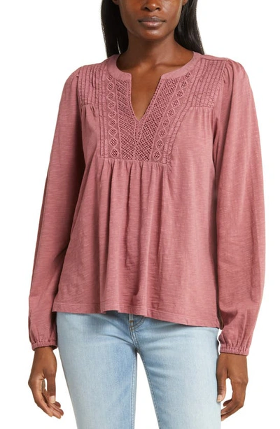 Lucky Brand Lace Pintuck Yoke Cotton Peasant Top In Roan Rouge