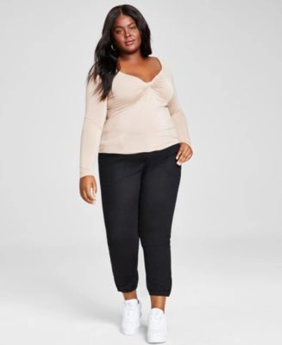 And Now This Now This Trendy Plus Size Twist Front Top Jogger Pants In Almond