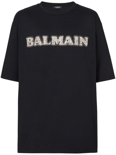 Balmain Black Rhinestone T-shirt In Black  