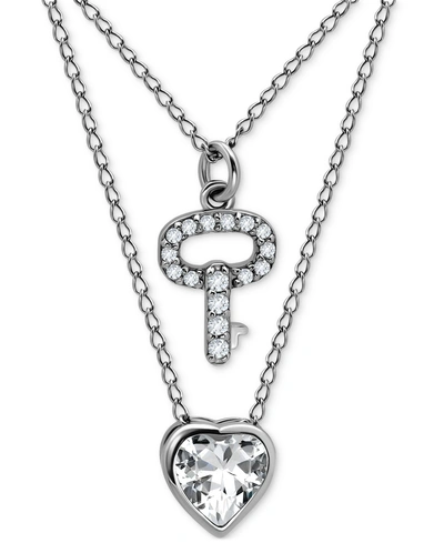 Giani Bernini 2-pc. Set Cubic Zirconia Pave Key & Solitaire Heart Pendant Necklaces, Created For Macy's In Silver