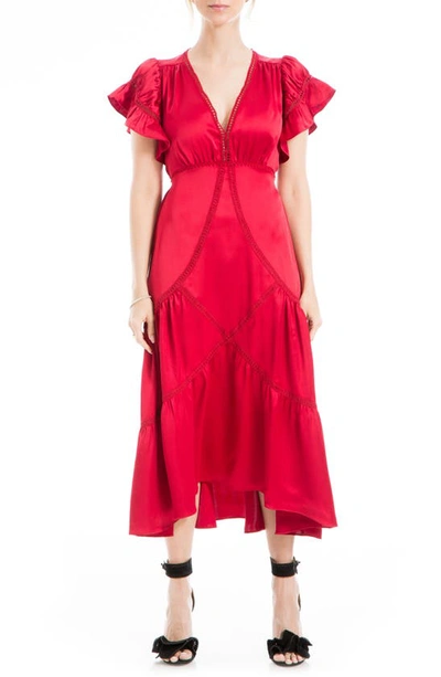 Max Studio Flutter Sleeve Satin Midi Dress In Red