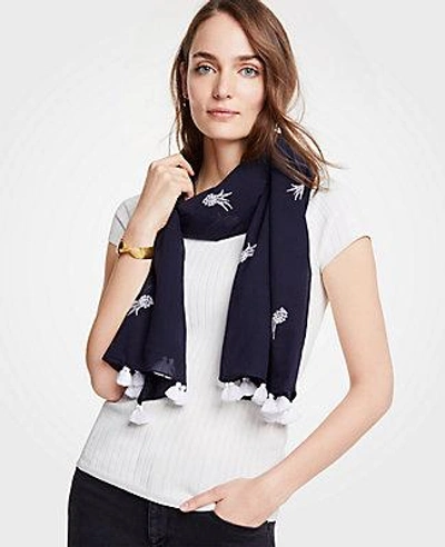 Ann Taylor Pineapple Embroidered Scarf In Navy Blue