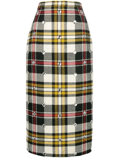 Miu Miu Virgin Wool Ricamo Plaid Midi Skirt In Multicolour
