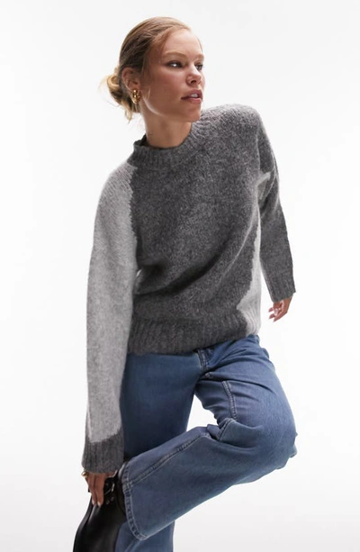 Topshop Fluffy Colorblock Sweater In Grey