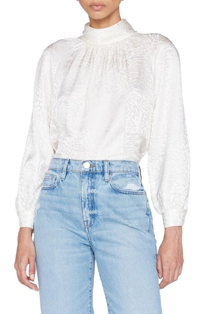 Frame Foldover Mock Neck Jacquard Silk Blouse In White