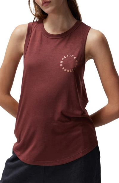 Spiritual Gangster Practice Gratitude Twist Strap Open Back Tank Top In Washed Burgundy