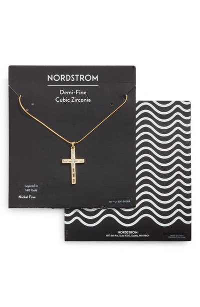 Nordstrom Baguette Cubic Zirconia Cross Pendant Necklace In Clear- Gold