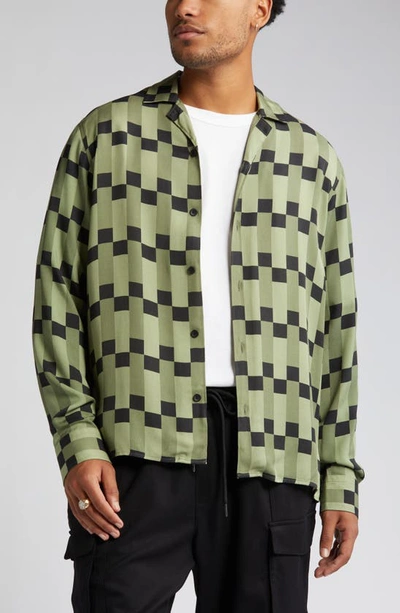 Open Edit Geo Print Long Sleeve Camp Shirt In Olive- Black Woven Check