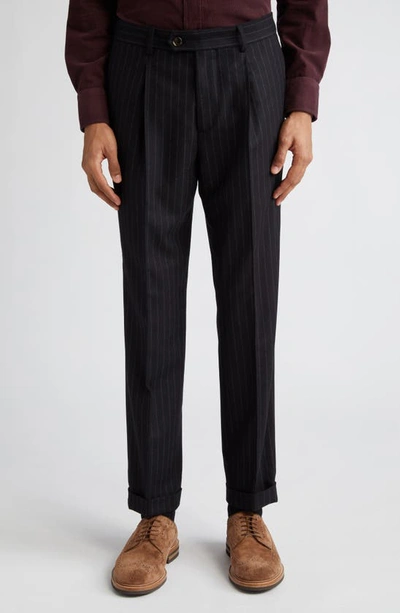 Brunello Cucinelli Chalk Stripe Double Breasted Virgin Wool Flannel Suit In C003-black