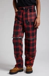 Givenchy Zip Off Convertible Distressed Plaid Carpenter Jeans In Black/ Red