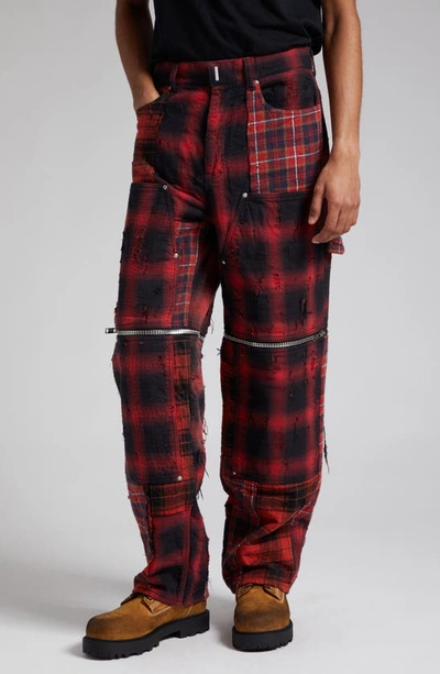 Givenchy Zip Off Convertible Distressed Plaid Carpenter Jeans In Black/ Red
