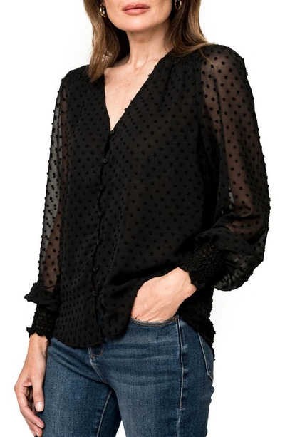 Gibsonlook Pin Dot Smocked Detail V-neck Blouse In Black