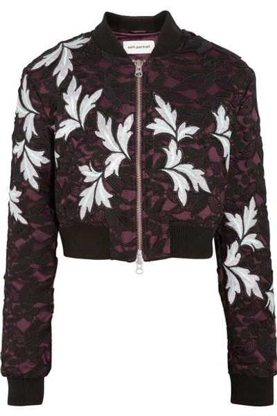 Self-portrait Cropped Guipure Lace And Satin Bomber Jacket In Multi