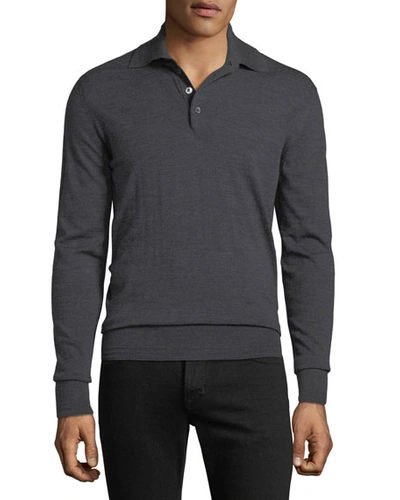 Tom Ford Men's Long-sleeve Merino Wool Polo Shirt In Charcoal