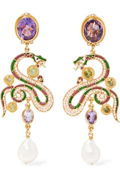 Percossi Papi Gold-plated And Enamel Multi-stone Earrings In Purple