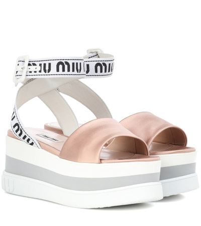 Miu Miu Logo-jacquard Satin Flatform Sandals In Nude/neutrals