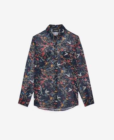 The Kooples Blue Bird Avian Floral Print Silk Shirt In Ble ModeSens