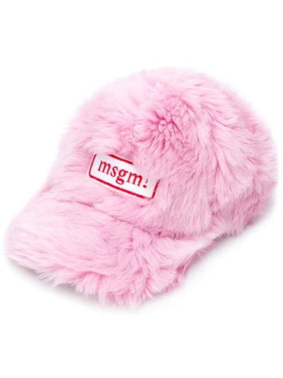 Msgm Logo Patch Faux Fur Hat In Pink