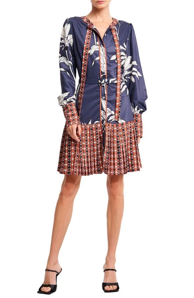 Ciebon Edda Pleated Tie Neck Long Sleeve Satin Minidress In Navy Multi
