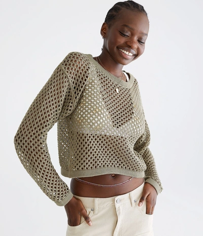 Aéropostale Mesh Cropped Crew Sweater In Beige