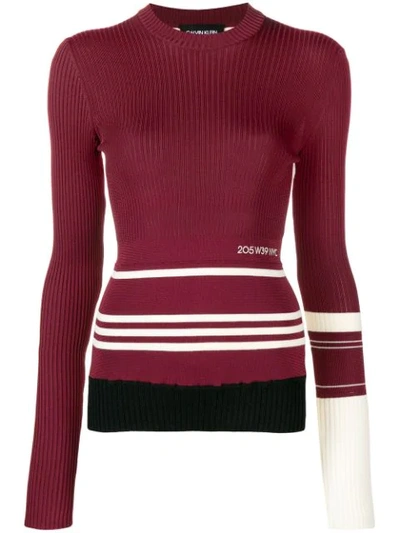 Calvin Klein 205w39nyc Crewneck Long-sleeve Striped Knit Sweater In Burgundy/ivory/black