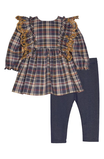 Iris & Ivy Babies' Embroidered Ruffle Plaid Top & Leggings Set In Navy