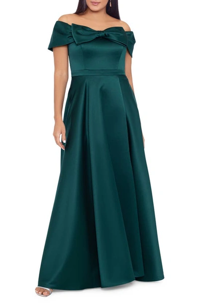 Xscape Bow Off The Shoulder Ballgown In Hunter