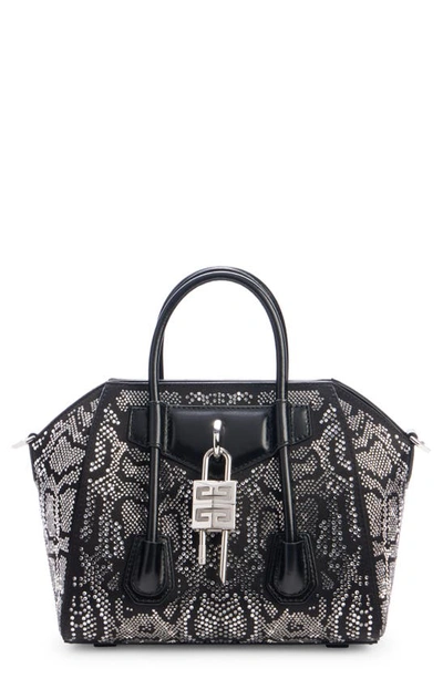 Givenchy Mini Antigona Lock Crystal Embellished Satin Satchel In Black