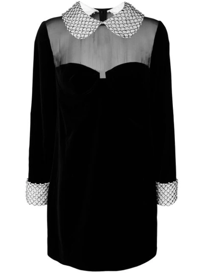 Tom Ford Illusion-bodice Long-sleeve Velvet Mini Dress W/ Beaded Combo In Black